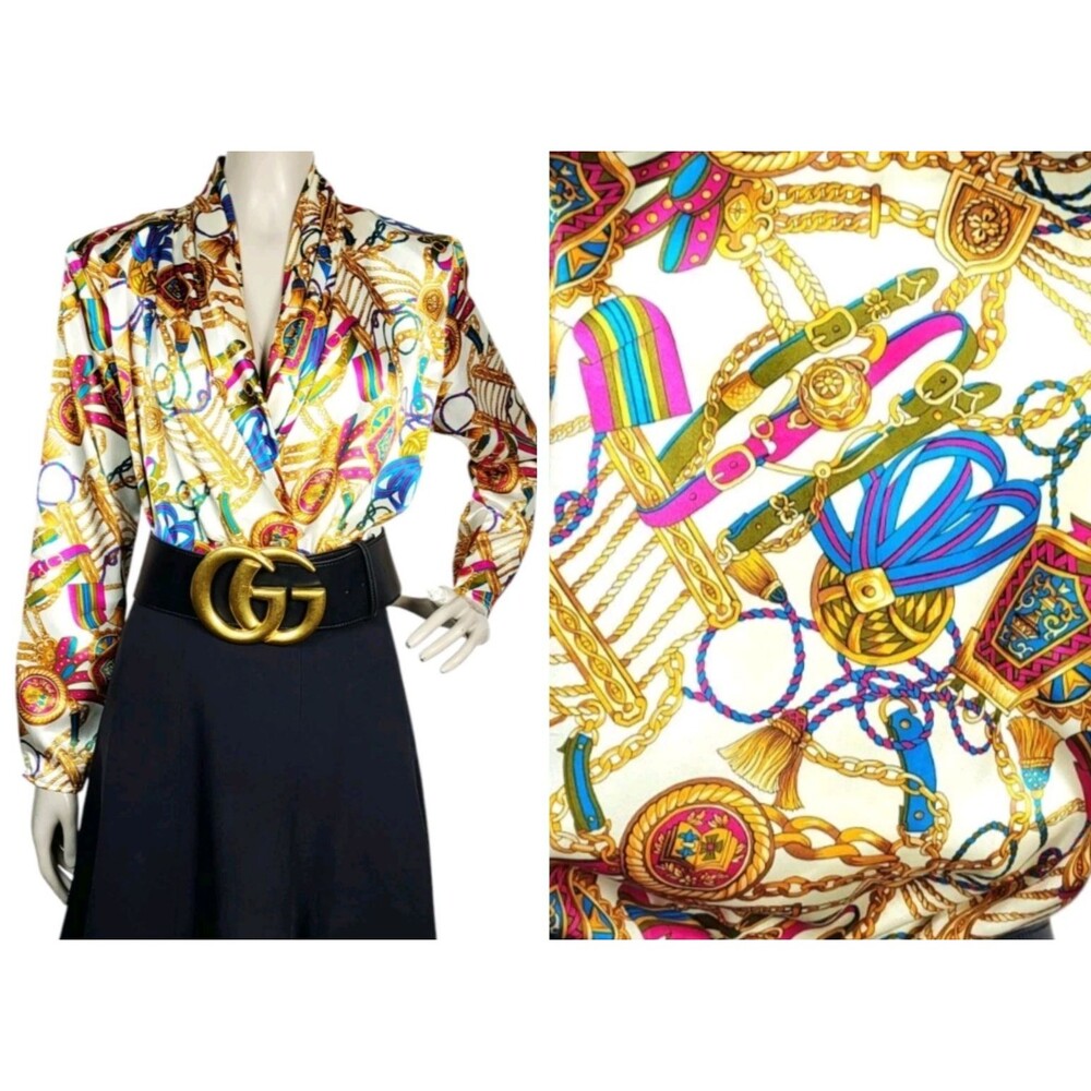 Vintage 80s Anna Kriste Satin Baroque Chain Tassel Print Shawl Collar Blouse